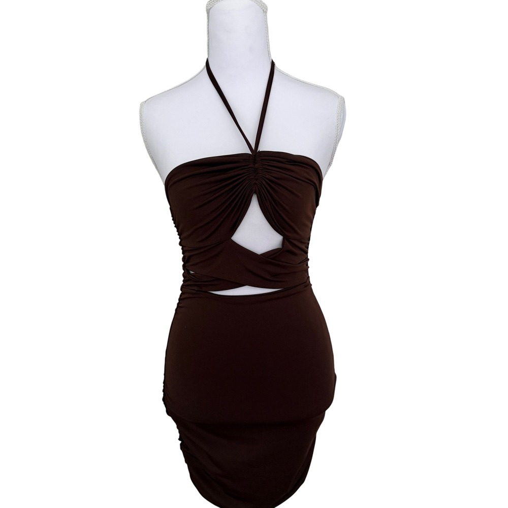 SHEIN Bodycon‎ Dress Women XS Brown Halter Ruched Cut Out Mini Dress
